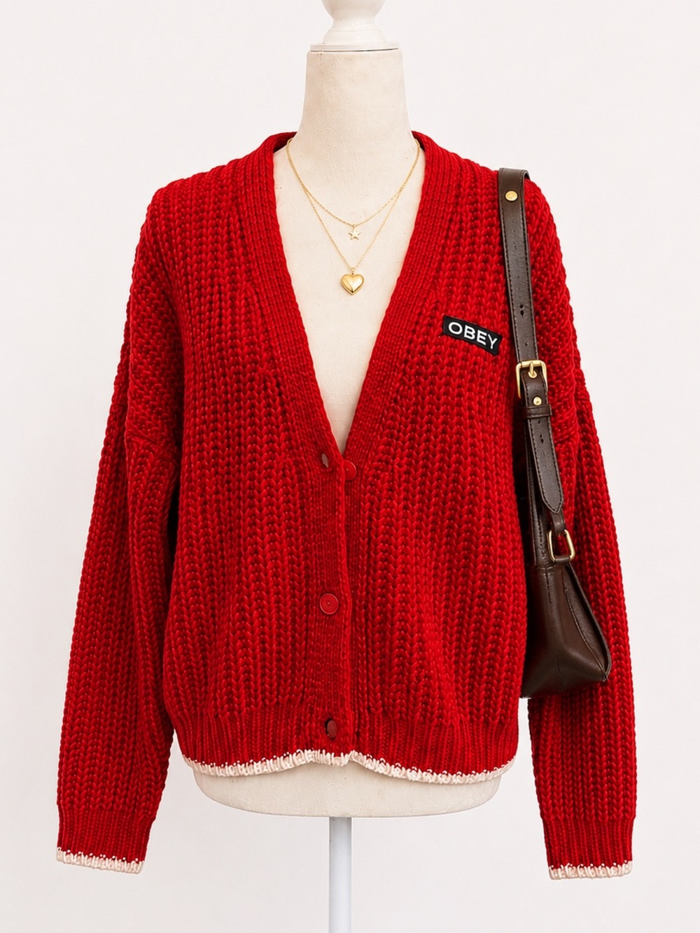 Obey Bold Red Chunky V-Neck Cardigan
